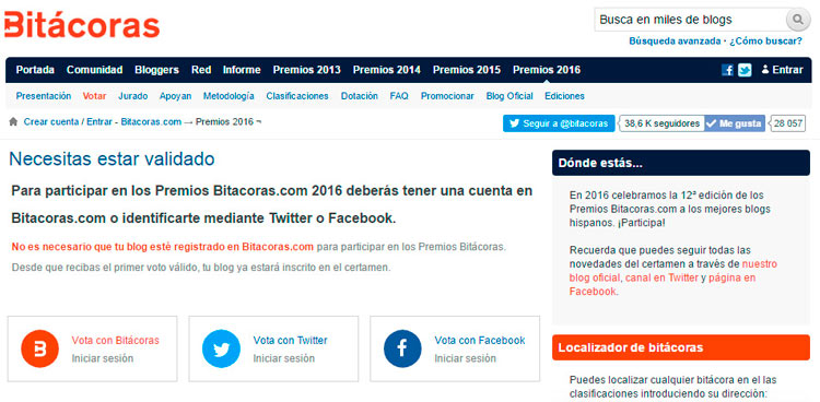 Captura pantalla de bitacoras: Paso 1 para votar en premios bitácoras 2016