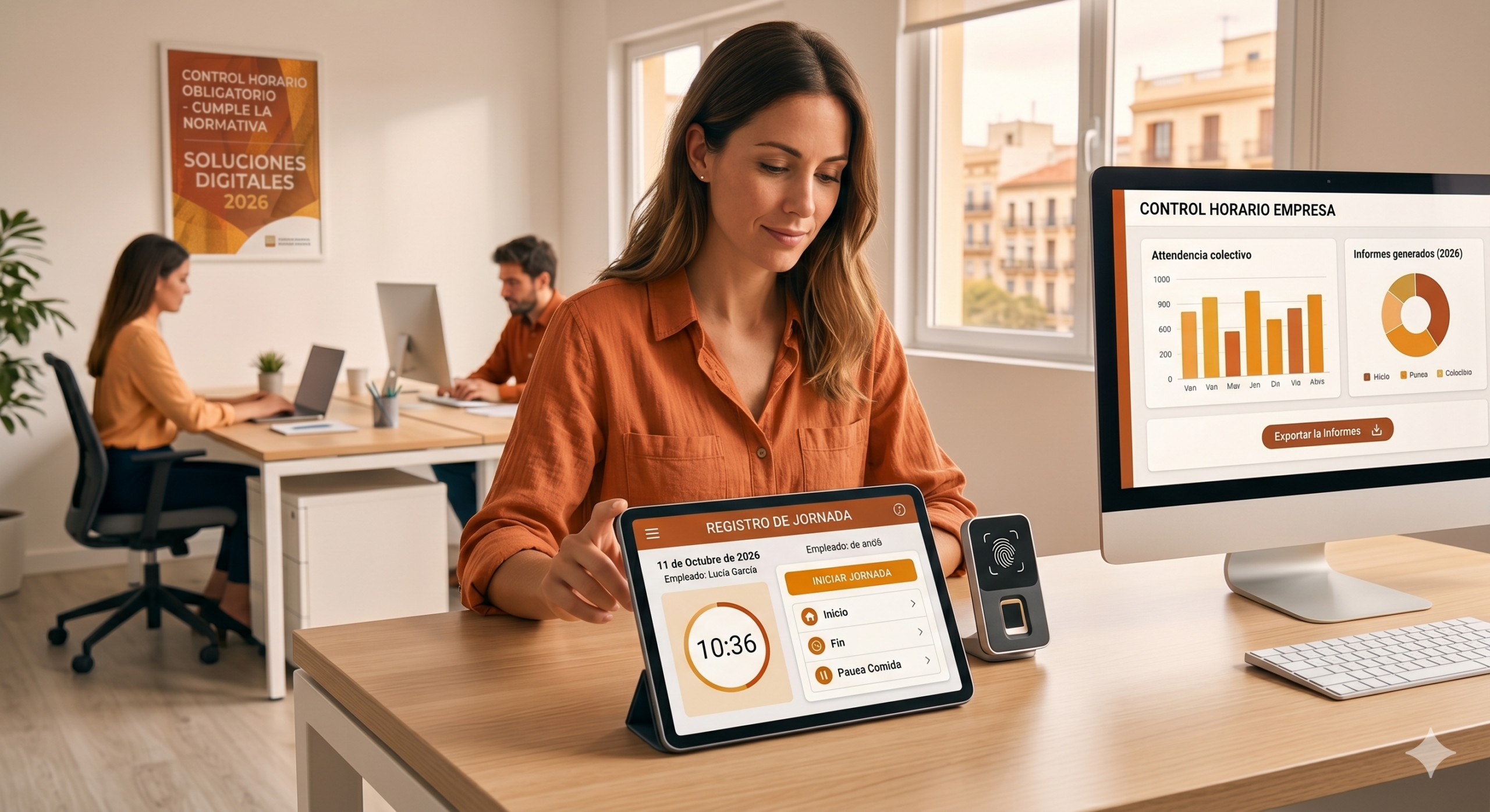 Empleada de una pyme en España registrando su jornada laboral en una tablet, con un panel de control horario digital actualizado a la normativa de 2026.