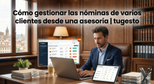 Asesor laboral en su despacho gestionando las nóminas de varios clientes simultáneamente con el software de tugesto.