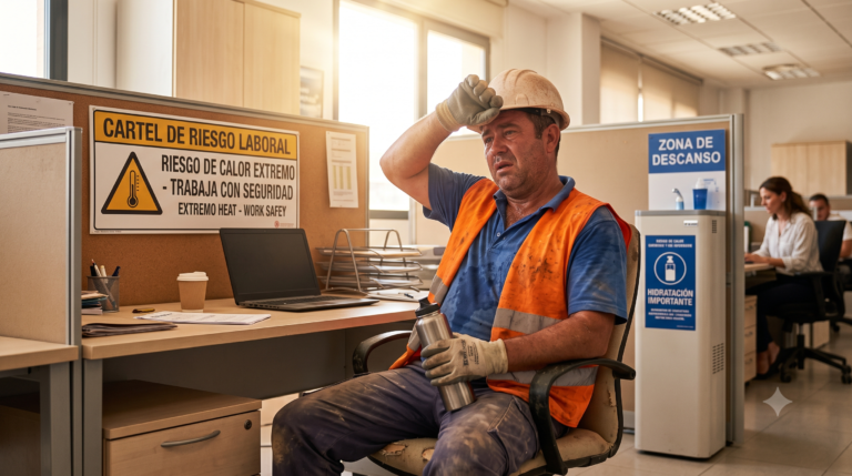 Trabajador de la construcción hidratándose a la sombra durante una ola de calor