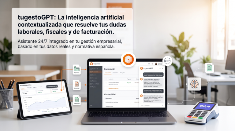 Interfaz de tugestoGPT en un ordenador portátil resolviendo dudas empresariales por chat, rodeado de una tablet con analíticas de negocio y un datáfono de Stripe, ilustrando la integración de inteligencia artificial 24/7.