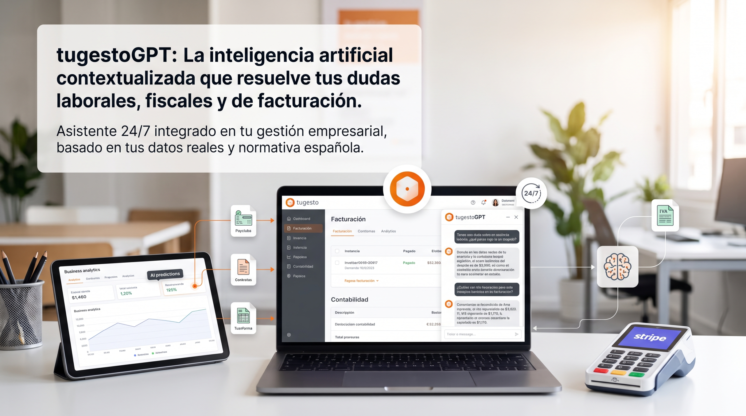 Interfaz de tugestoGPT en un ordenador portátil resolviendo dudas empresariales por chat, rodeado de una tablet con analíticas de negocio y un datáfono de Stripe, ilustrando la integración de inteligencia artificial 24/7.