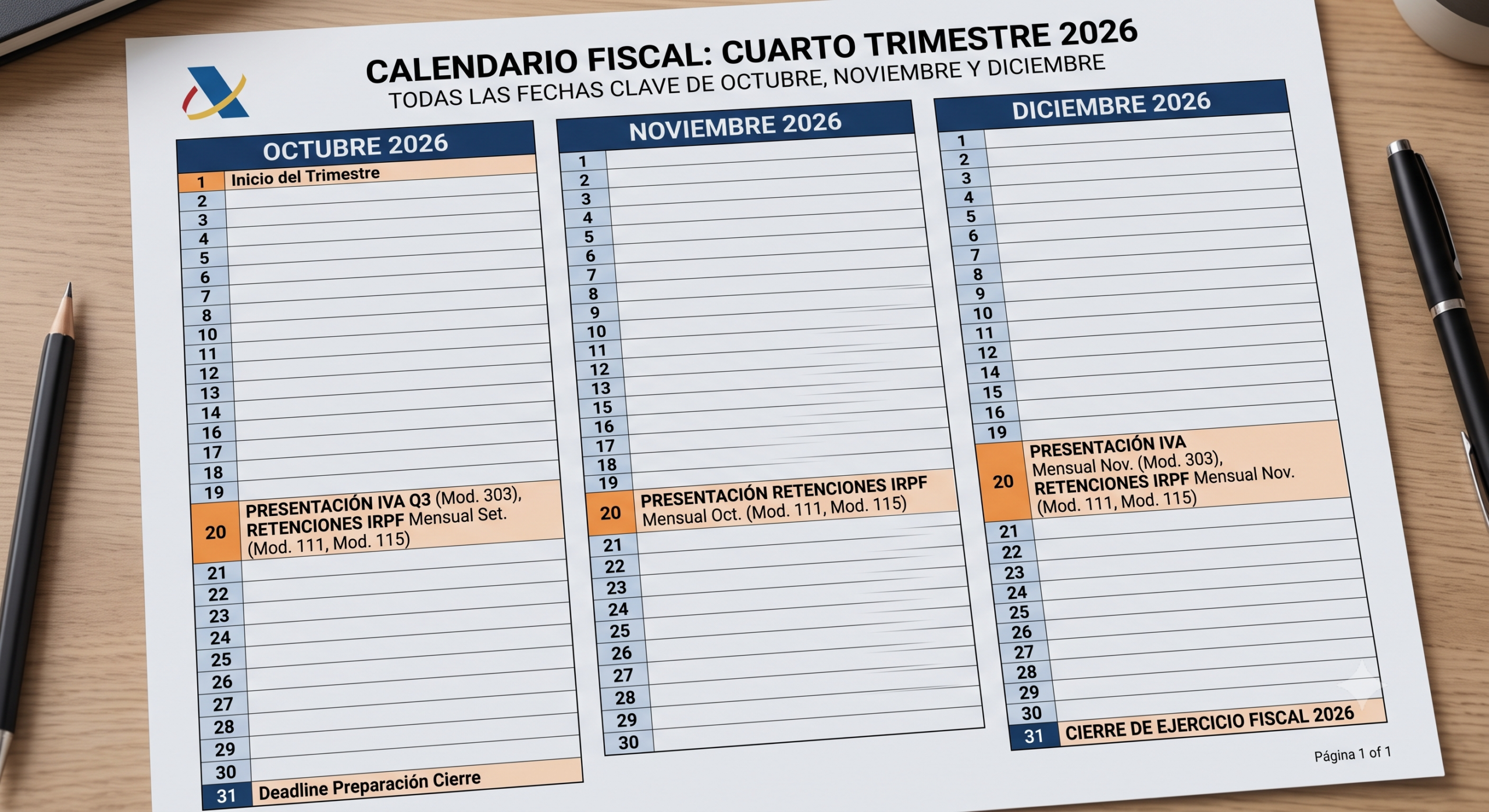 calendario fiscal cuarto trimestre 2026, fechas modelo 303 octubre 2026, modelo 202 diciembre 2026, calendario fiscal autónomos 2026