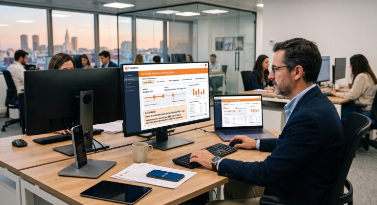 Esquema de cómo un cambio normativo se propaga automáticamente a varias empresas para evitar errores en nómina