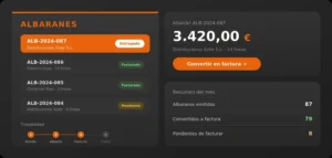 Genera albaranes de entrega y conviértelos en factura con un clic. Trazabilidad completa desde el pedido hasta el cobro con tugesto