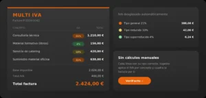Aplica distintos tipos de IVA en una misma factura sin complicaciones. Cada línea con su tipo correcto, los cálculos los hace tugesto.