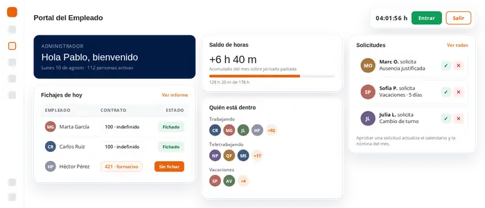Portal del Empleado de tugesto con fichajes y solicitudes en tiempo real