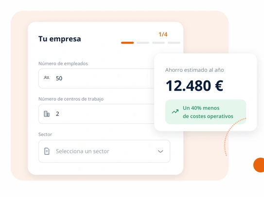 Calculadora de ahorro de tugesto mostrando un ahorro estimado de 12.480 € al año y un 40% menos de costes operativos