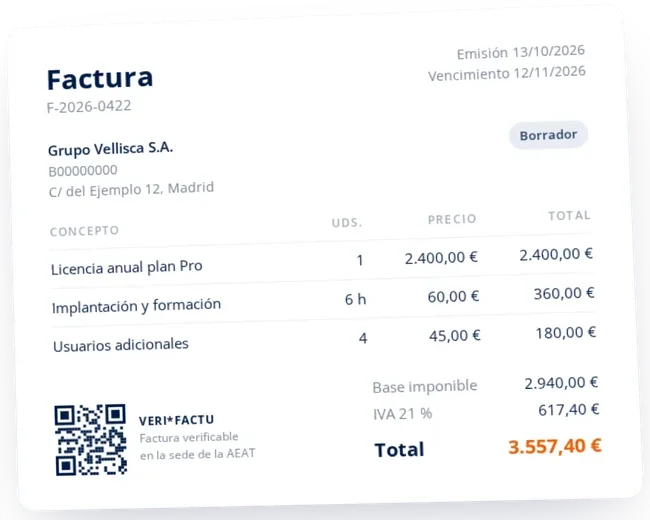 Factura con conceptos, base imponible, IVA, total y código QR de Verifactu