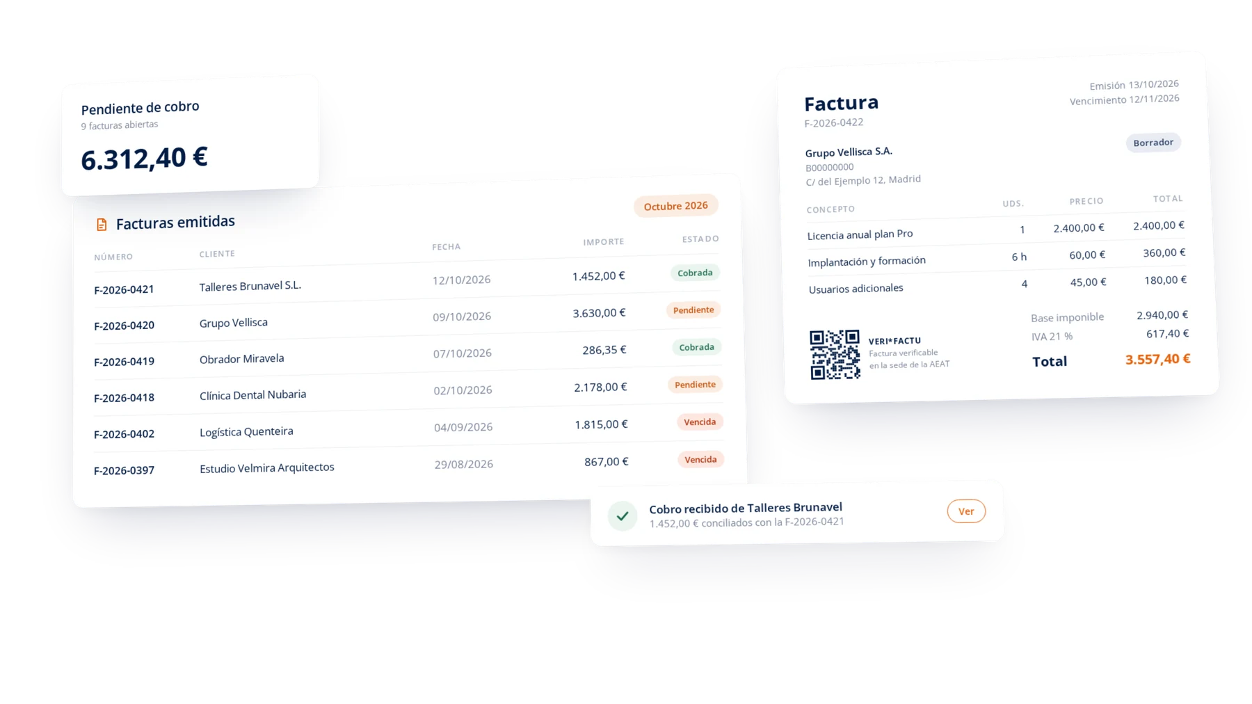 Pendiente de cobro, listado de facturas emitidas con su estado, una factura con código QR de Verifactu y un cobro conciliado