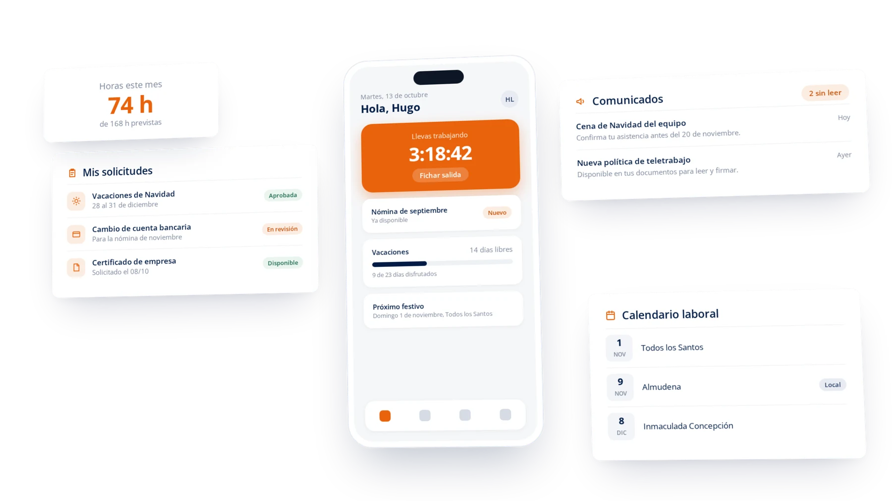 Portal del empleado: fichaje, nómina disponible, vacaciones, solicitudes, comunicados y calendario laboral