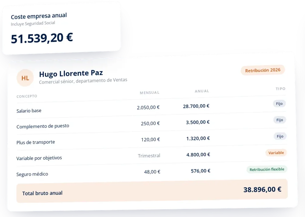 Detalle de retribución anual de un empleado con salario base, complementos y variables